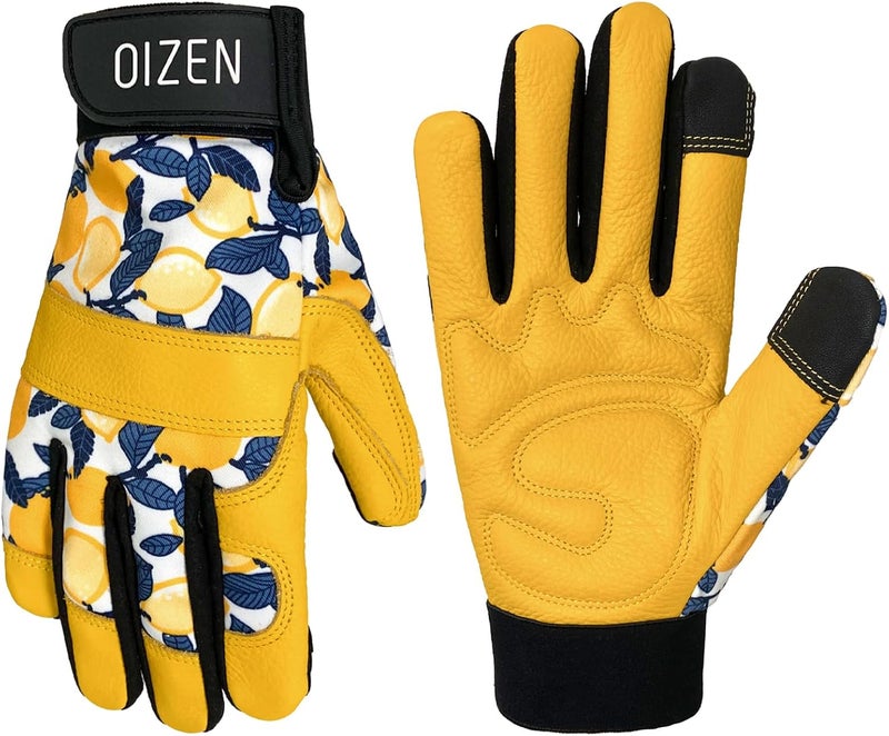 OIZEN Cowhide Leather Thorn Proof & Puncture Resistant Gardening Gloves for Women and Men, Touchscreen Compatible Working Gloves for Weeding, Digging, Planting, Gardening Gifts for Women, Size Medium - Image 1